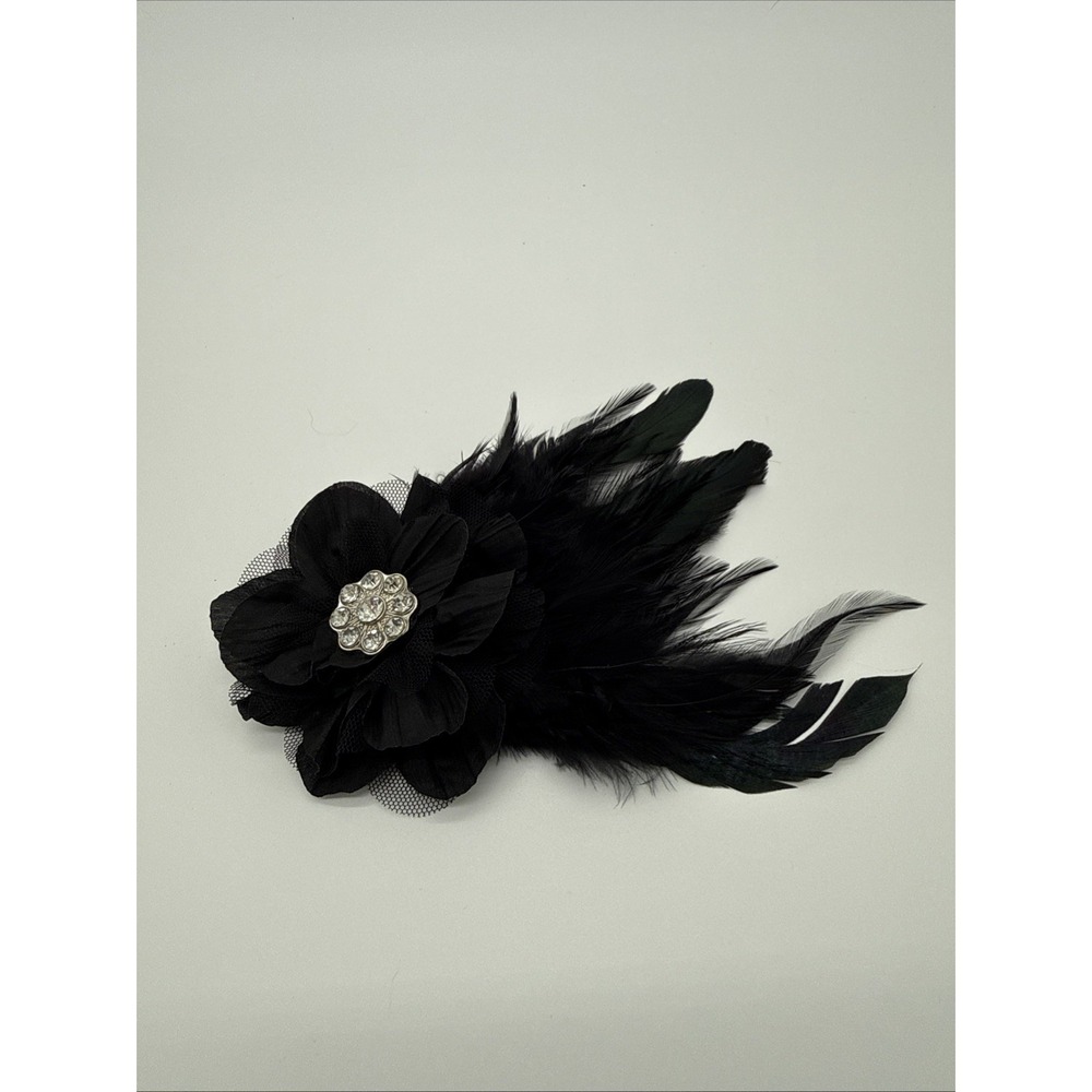 Vintage Real Feather Black & Rhinestone Hair Clip Fascinator Pin Brooch Plume 7"